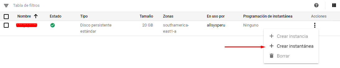 Crear instantánea en GCP